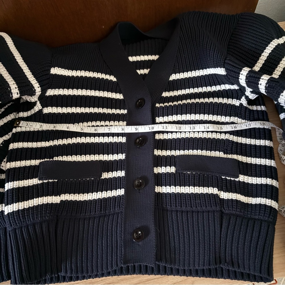 SACAI sz 1 S Thick Knit Horizontal Stripe Cardigan Sweater Navy Blue White - Picture 14 of 16